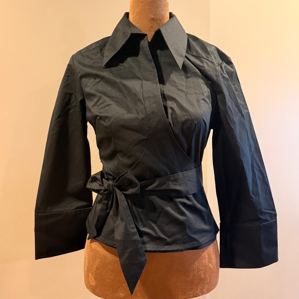 Express Wrap Shirt Women 3/4 Black Long Sleeve Dark Academia Professional Goth